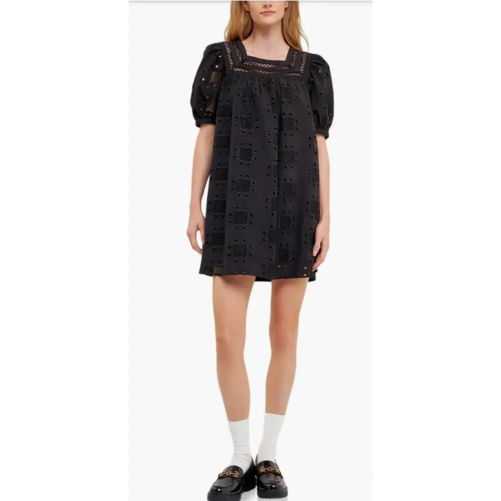 English Factory - Geometric Eyelet Mini Dress Black / XS